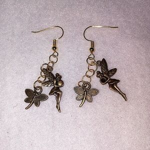 Earrings Fairy And Dragonfly Antique Gold-tone Pierced Handcrafted New